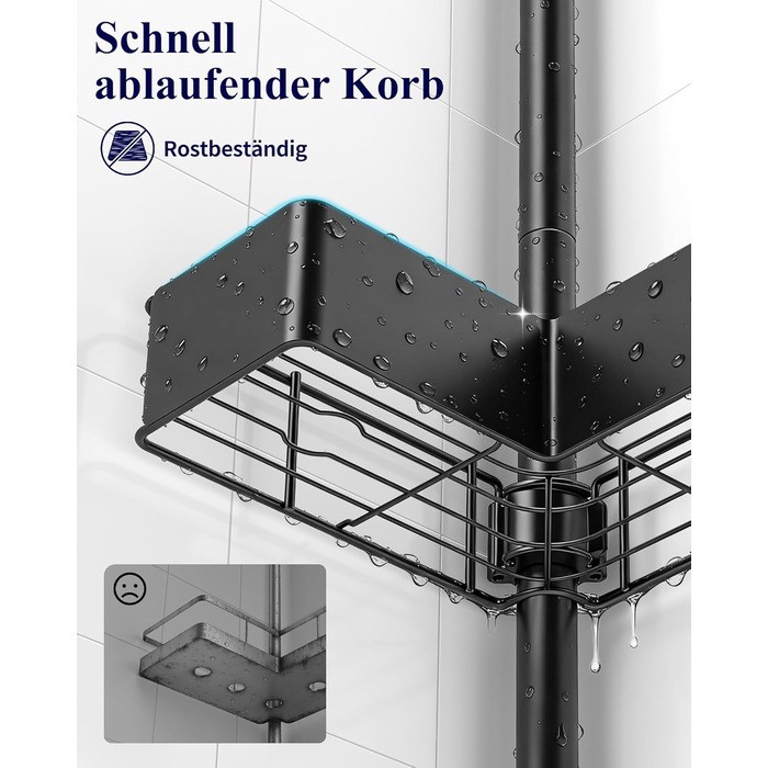 Кутова полиця для душу Kitsure з телескопічною стійкою, регульована по висоті, металеві кошики, монтаж без свердління, висота 87-290 см, ширина 24.6 см, чорний колір (24.6 x 24.6 x 290 см)