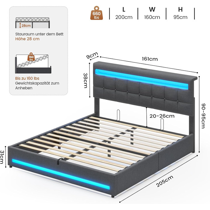 М&39яке ліжко 160x200 см із зарядною станцією та світлодіодним освітленням, каркас двоспального ліжка з місцем для зберігання, узголів&39ям та рейковою основою, плаваючий візуальний ефект, сучасний лляний каркас ліжка, матрац не входить до комплекту, темн