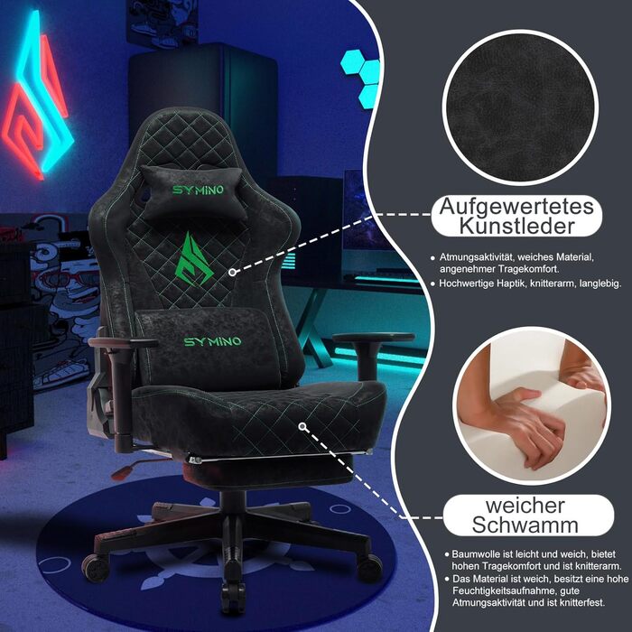 Ігрове крісло Symino, ергономічне офісне крісло, дизайн гоночного крісла для ПК, вінтажна штучна шкіра, регульоване поворотне робоче крісло з підставкою для ніг (чорне)