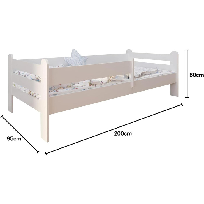 Дитяче ліжко Kids Collective 90x200 з матрацом, поручнем та рейковою основою білого кольору, підходить для дівчаток та хлопчиків, підліткове ліжко 90 x 200 см білий матрац