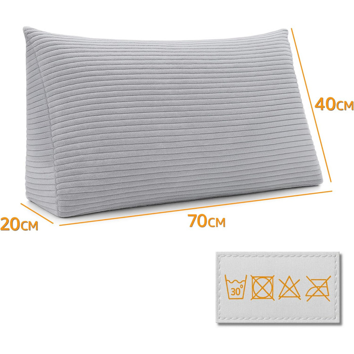 Клиноподібна подушка, подушка для спини, вельветова подушка, ширина 70 см - подушка для читання для ліжка, дивана та кушетки, велика подушка для дивана, настінна подушка, подушка для дивана, подушка для читання, опорна подушка для спинки, світло-сіра, шир