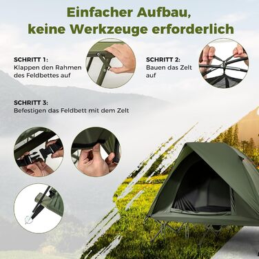 Розкладне ліжко COSTWAY з наметом для 2 осіб, кемпінгове ліжко з дощовиком, 2 сітчасті двері, мансардний вікно та сумка на колесах, кемпінговий шезлонг, вантажопідйомність 300 кг, 194 x 145 x 150 см, зелений