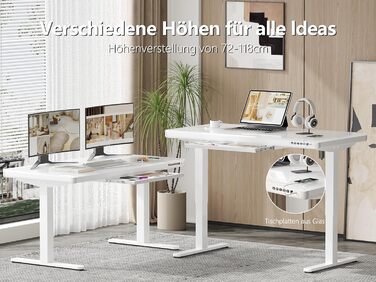 Стіл Homall Glass з регульованою висотою, 120 x 60 см, електричний стіл з регульованою висотою та шухлядою, стіл для домашнього офісу з можливістю сидіти та стояти, білий 120 x 60 см, білий