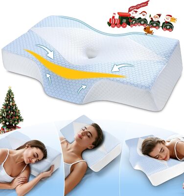 Подушка для шиї з піни з ефектом пам&39яті для полегшення болю в шиї, контурна подушка для сну, ортопедична з наволочкою для сну на боці, спині та животі, охолоджувальна O2-синьо-біла