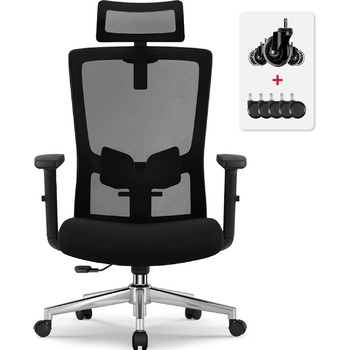 Ергономічне офісне крісло, ергономічне офісне крісло з регульованою поперековою опорою, підлокітниками та підголівником, обертове офісне крісло 150 кг, крісло для керівника з функцією гойдання до 135, чорне, варіант 1