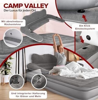Надувне гостьове ліжко Camp Valley для 2 осіб зі спинкою – самонадувне, з вбудованим насосом, 200×150×40 см