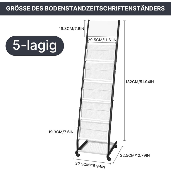 Шарова стійка для журналів SUNDOY з колесами підлогова підставка для брошур та каталогів, стійка для журналів на колесах для офісу, ярмарків та дому (ширина 32,5 см) 5-шарова, ширина 32,5 см, 5-
