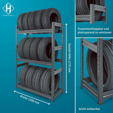 Стійка для шин - вантажопідйомність 450 кг - ВxШxГ 177 x 120 x 50 см - Міцна стійка до 18 шин - Графітово-сірий колір - Зроблено в ЄС - Міцна стійка для дисків для гаража, підвалу, складу та майстерні