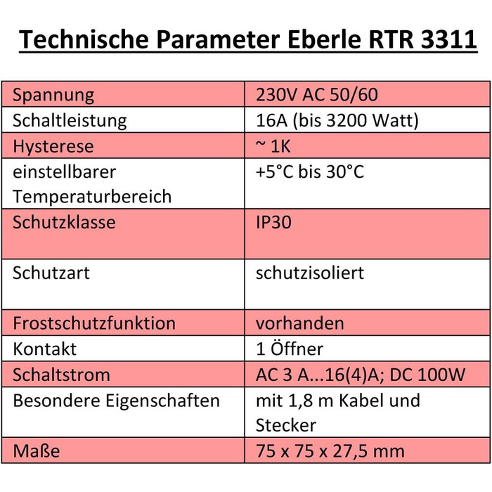 Кімнатний регулятор температури Eberle RTR-E 3311 з кабелем 1,8 м та вилкою 16 А для електричного опалення