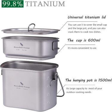 Набір мірних чашок для фляги Boundless Voyage з титану, що використовується у кемпінгових та підвісних кухонних пристроях, у формі нирки, з кришкою та ручками Ti2059C