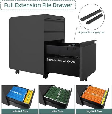 Металевий контейнер на колесах Dripex, сталевий контейнер на колесах з 3 шухлядами та підвісною системою для документів, офісна шафа, що замикається, офісний контейнер, 5 коліс, шафа для документів, 40 x 45 x 60 см, чорний, 40 x 45 x 60 см