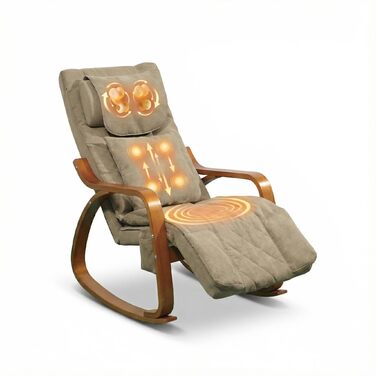 Масажне крісло-гойдалка, крісло-реклайнер, крісло для телевізора з 3-зонним масажем, масажне крісло з функцією підігріву, регульований підголівник та підставка для ніг, знімний чохол, вантажопідйомність 150 кг, світло-коричневий колір