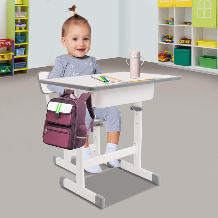 Дитячий письмовий набір, дитячий стіл з регульованою висотою (стіл 64-76 см, стілець 36-42 см), стіл з гачками, шухлядою та лотком для ручок для дітей віком 3-18 років, навчання письму та малюванню (кремово-білий)