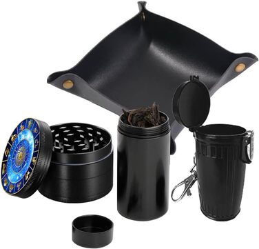 Набір для подрібнення трав, Spespo Spice Grinder Black Metal Zinc Alloy 4-Piece 2.0 Inch (5cm) Constellation Pattern з міні-попільничкою та герметичним скляним та шкіряним піддоном для сузір'я Набір сузір'їв