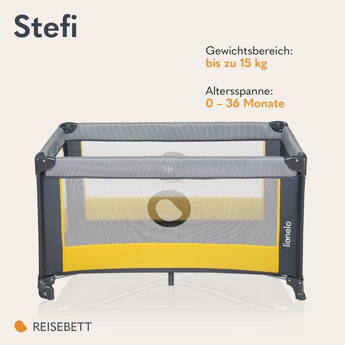 Дитяче ліжечко Lionelo Stefi, Дорожнє ліжечко від народження до 15 кг, Бічний вхід, Система безпеки LockGuard, Блокування коліс, Сумка для перенесення, Складане, Жовте