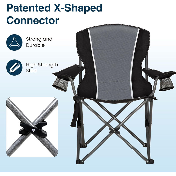 Складаний кемпінговий стілець HIGH POINT SPORTS, витримує до 160 кг, з підсклянниками, чорний