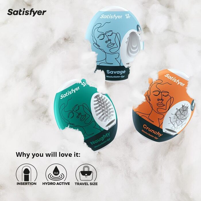 Набір мастурбаторів-яєць Satisfyer Набір із 3 предметів неслухняний, шалений та хрусткий Гідроактивний ТПЕ для реалістичної стимуляції Змащення не потрібне для оптимального ефекту Одноразове використання