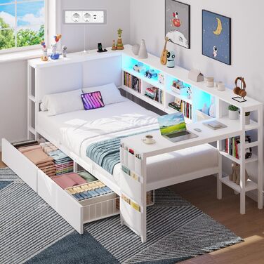 Диван-ліжко зі світлодіодним освітленням та зарядною станцією, дитяче ліжко 90x200 см зі столиком 35x112 см та двома великими шухлядами, ліжко 90x200 з кушеткою та м&39яким узголів&39ям, білий колір