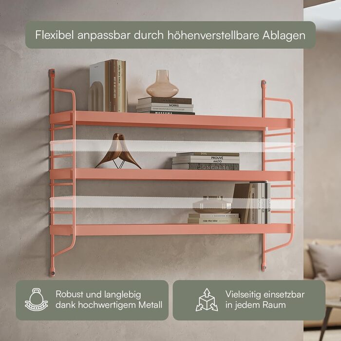 Металева настінна полиця skølm Mimir Плаваюча теракотова полиця Підвісна полиця з 3 регульованими полицями Модульна полиця-струна Вузька металева полиця для вітальні/кухні/ванної кімнати Сучасна кухонна полиця