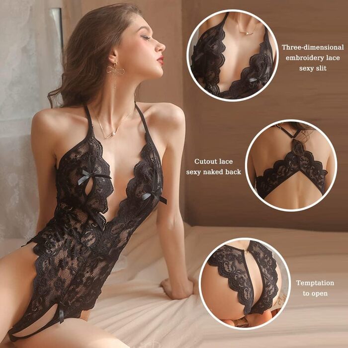 Жіноче мереживне боді Teddy, чорний, глибокий V-виріз