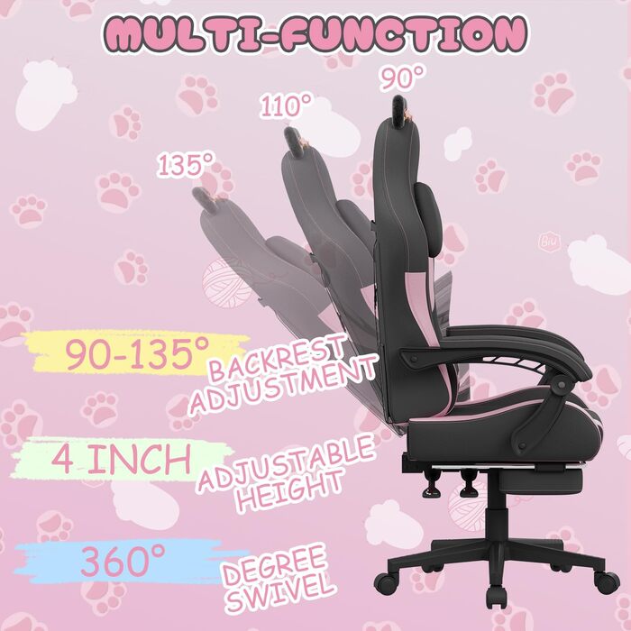 Ігрове крісло bigzzia з функцією масажу та підставкою для ніг ергономічне ігрове крісло для дівчат та дорослих, ігрове крісло з опорою для голови та попереку та котячими вушками (чорно-рожеве)