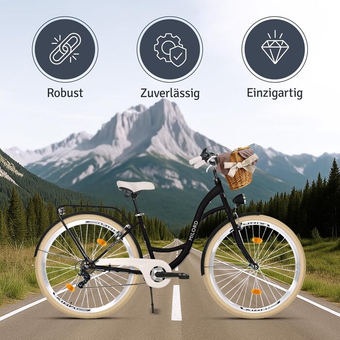 Жіночий міський велосипед MILORD Comfort з плетеним кошиком, вінтажний, голландський, 26, 28 дюймів, 7 швидкостей, чорно-кремовий, 28 дюймів