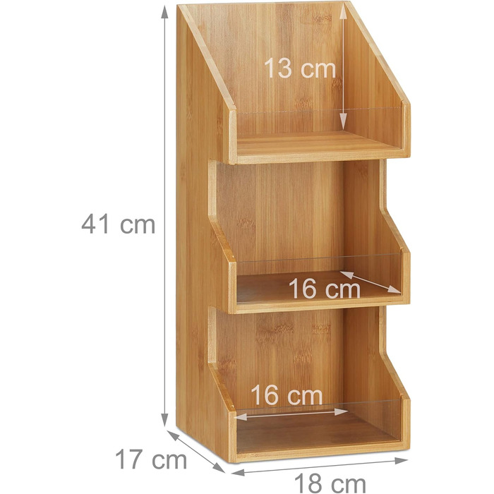 Бамбуковий органайзер Relaxdays з 3 ярусами, відкриті відділення для зберігання для офісу, підставка для спецій для кухні, висота та ширина 418x17 см, натуральний колір