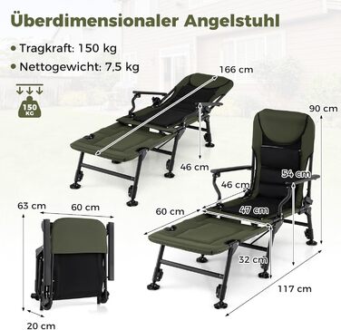 Рибальське крісло COSTWAY зі знімною підставкою для ніг, кемпінгове крісло з регульованою спинкою та м&39якою високою спинкою, регульоване по висоті коропове крісло, складне рибальське крісло для кемпінгу, риболовля в наметі