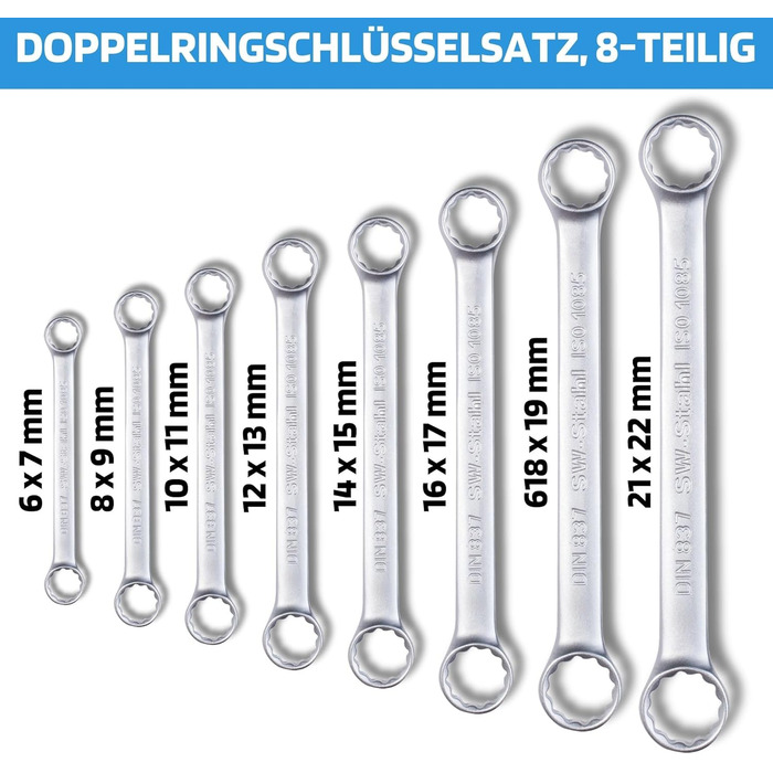 Набір подвійних ріжкових ключів 6-22 мм, 8 предметів I Прямий варіант I Кільцевий ключ I Набір подвійних ключів I Набір кільцевих ключів, 00170L