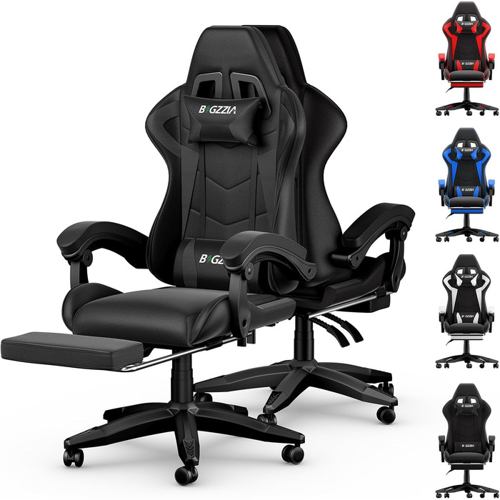 Геймерське крісло з висувною підставкою для ніг та регульованою поперековою опорою, ергономічне комп&39ютерне крісло з синтетичної шкіри з можливістю нахилу 90-155, офісне крісло з піни з ефектом пам&39яті та подушкою для шиї (чорне)