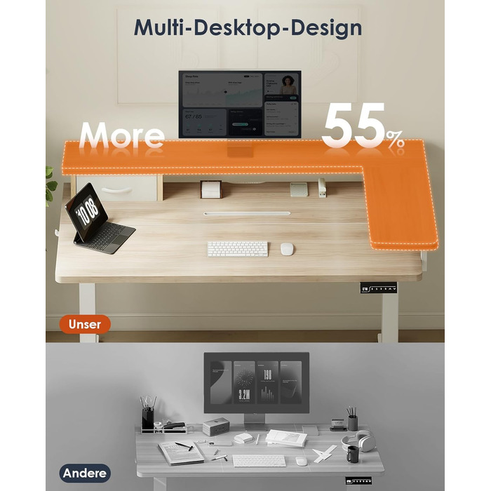 Електричний стіл OffiGo з регульованою висотою, шухлядою та USB-портом, 120 x 60 см, ергономічний комп&39ютерний стіл для роботи сидячи та стоячи, клен 120 x 60 см, бежевий