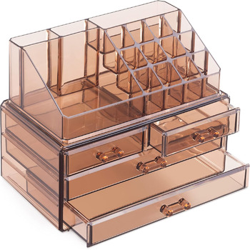 Органайзер для зберігання косметики Navaris - Коробка для зберігання косметики Acrylic Clear - Тримач з ящиками та відділеннями - Дизайн 2в1 - Коричневий