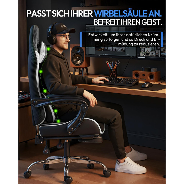 Ігрове крісло Dowinx, офісне крісло, масажне ігрове крісло з регульованими по висоті підлокітниками, ергономічне ігрове крісло з підставкою для ніг, м&39яке ігрове крісло, нахил спинки 150, до 180 кг, білий колір