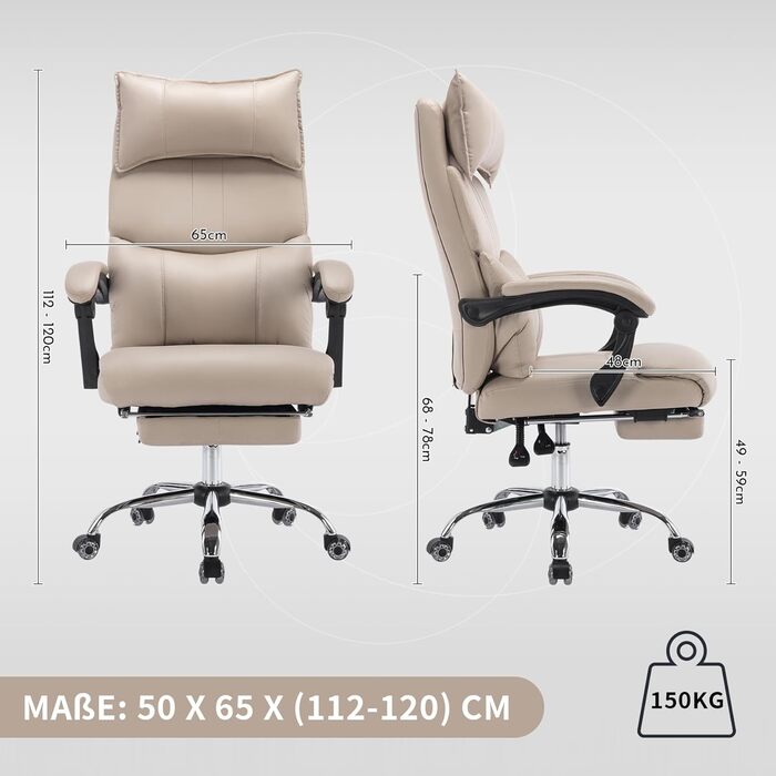 Ергономічне офісне крісло з підставкою для ніг, підголівником та поперековою опорою, регульоване крісло для керівника, вантажопідйомність до 150 кг, регульована висота, ідеально підходить для офісу та домашнього офісу, бежевий