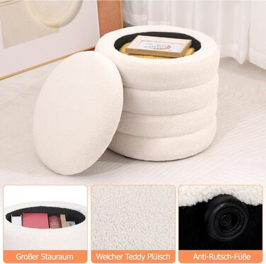 Круглий стілець для зберігання речей з плюшевої тканини - м&39який стілець, круглий туалетний столик для вітальні, спальні та коридору, Ø 46 x 47 см, білий 46x46x47 см