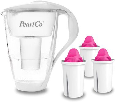 Скляний фільтр для води PearlCo 2L з 3 картриджами магнієвого фільтра - відфільтрована вода з магнієм через 5-ступеневу фільтрацію білого кольору