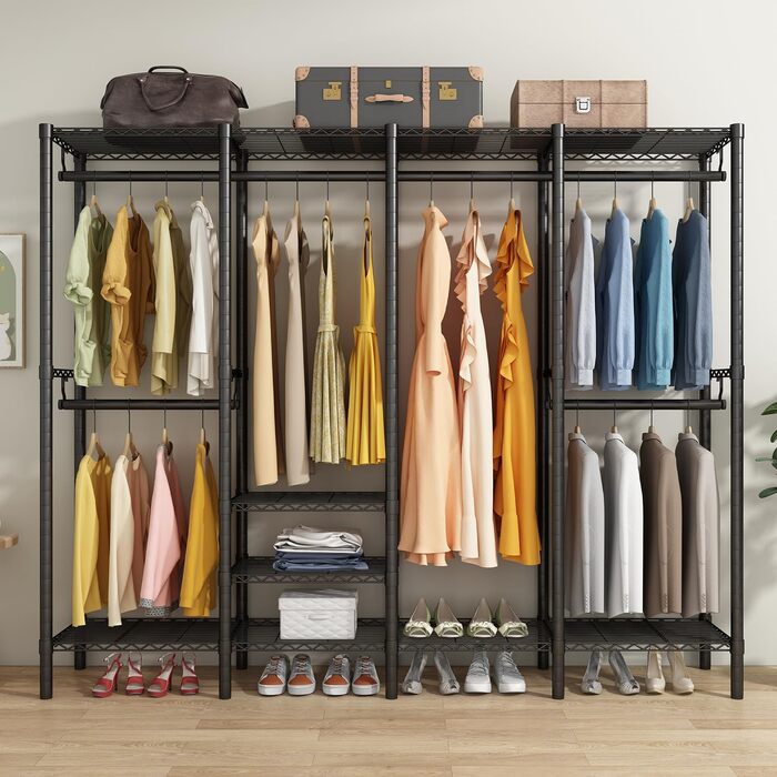 Вішалка для одягу KZOBYD, шафа-тумба з 6 полицями, що регулюються по висоті, штанга для одягу з 4 відділеннями для вішалок, багато місця, для спальні, вітальні (чорна)