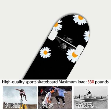 Дюймовий стандартний скейтборд, 7-шарова кленова дошка, підходить для дітей, підлітків, дорослих, початківців та професіоналів, максимальне навантаження 150 кг. Хризантема., 31-