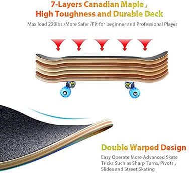 Повний скейтборд Rampage Plain Third 78.7 x 20.3 см - 7-шарова дека з канадського клена, Double Kick увігнута, ABEC-3 підшипники, 50 мм PU колеса, для дітей, підлітків та дорослих, синій дизайн