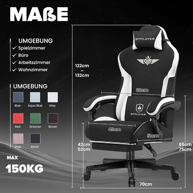 Ігрове крісло GTPLAYER, ергономічне тканинне ігрове крісло з поперековою опорою, комп&39ютерне крісло з розширеною спинкою, вантажопідйомність до 150 кг, чорна тканина