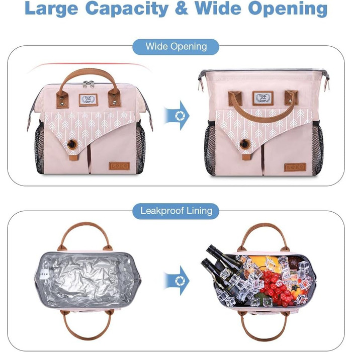 Жіноча сумка-холодильник Lekesky для ланчу, ізольована, герметична, з широким отвором, 11 л, рожева