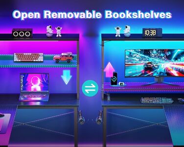 Г-подібний кутовий стіл Garvee, чорний зі світлодіодним освітленням та відсіком, ігровий стіл з підставкою для монітора та бічною кишенею, сучасний комп&39ютерний стіл для домашнього офісу, міцний стіл з полицею, 124x92 см