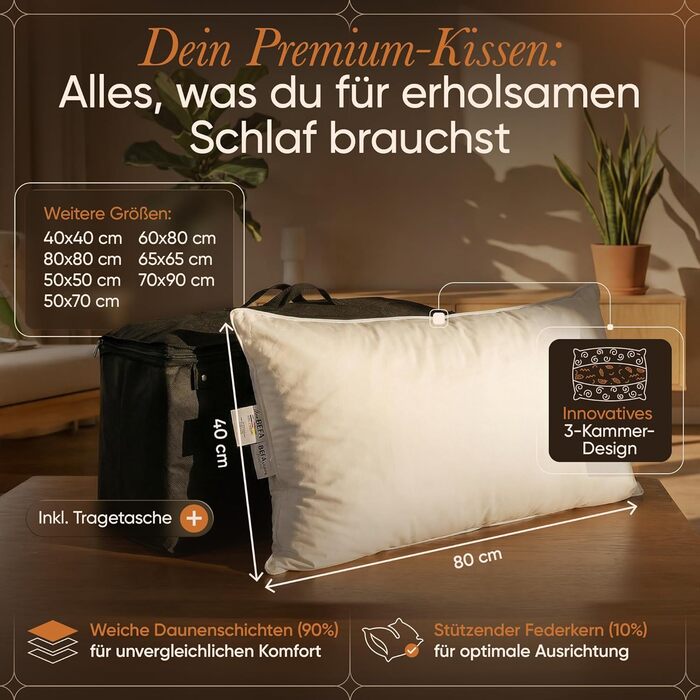Пухова подушка BEFA NATUR 40x80 см 3-камерна подушка 90 пух та 10 пір&39я Вага наповнювача 700 г Підходить для алергіків (NOMITE) Сертифіковано для тварин (DOWNPASS) Oeko-TEX Клас 1 Зроблено в Німеччині 40x80 см
