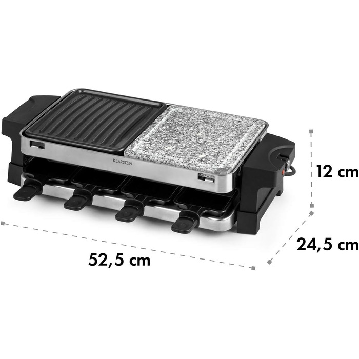 Гриль Klarstein Sirloin Raclette, 1500 Вт, 2-в-1 алюмінієва пластина для гриля та пластина з натурального каменю, нагрівальний елемент з нержавіючої сталі, регульований термостат, на 8 осіб, сковороди для раклету зі сталі