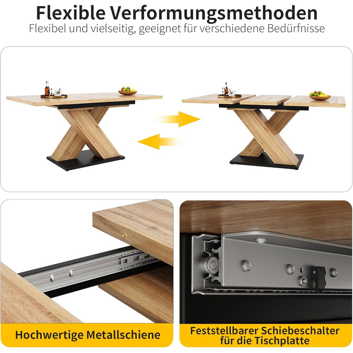 Розсувний дерев&39яний обідній стіл, кухонний стіл 120/160x80x75см, розсувний обідній стіл на 4-6 осіб, опора з алюмінієвого сплаву, розсувний обідній стіл (квадратний, дерево A) Деревина A квадратна