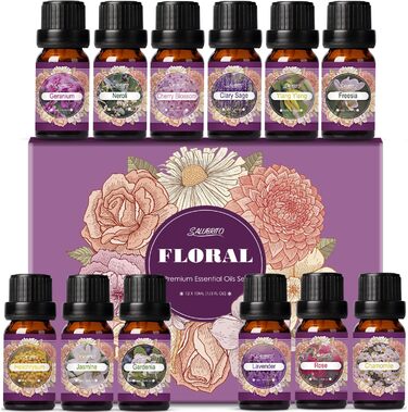 Набір квіткових ефірних олій SALUBRITO, квіткова ароматична олія для дифузора та виготовлення свічок - жасмин, гарденія, троянда, лаванда, герань, вишневий цвіт, фрезія тощо
