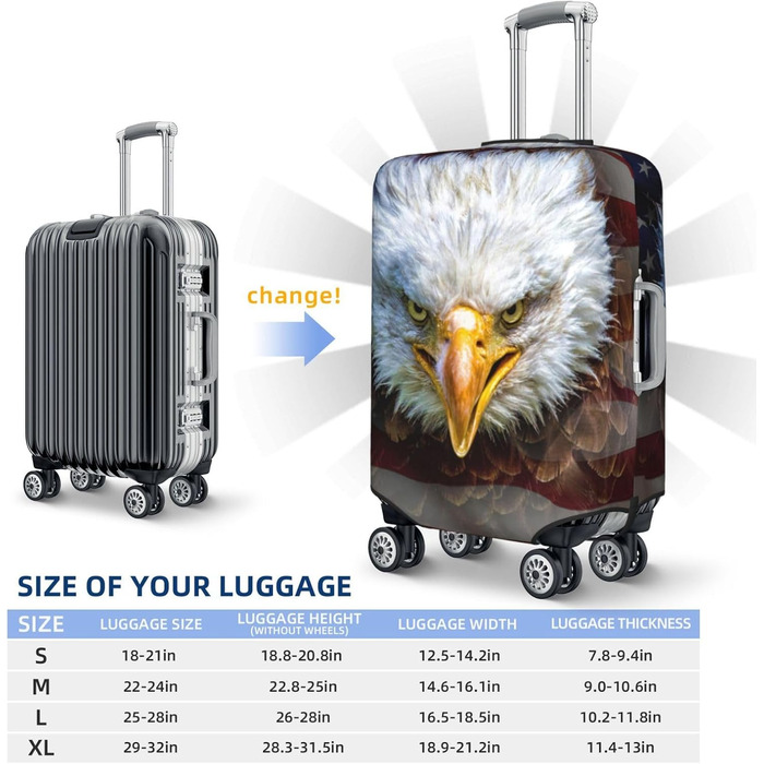 Чохол для валізи, дизайн Американський прапор з орлом, міцний захист валізи, підходить для багажу розміром 45,7 - 81,3 см, розмір XL, Чорний, X-Large