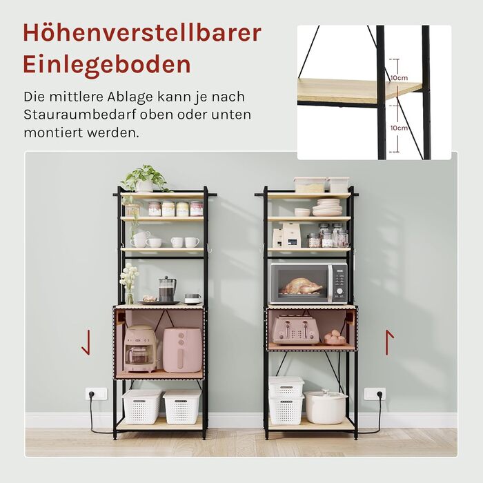 Кухонна полиця WOLTU на 6 рівнів з розетками, полиця для мікрохвильової печі з 6 гачками, полиця для пекаря з металевим каркасом, регульована полиця, чорнийсвітлий дуб, 60 x 167 x 40 см чорнийсвітлий дуб 60 x 39,5 x 167 см