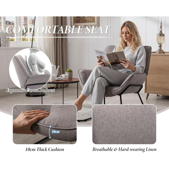 Льняне крісло Chairus для вітальні, балкону, сучасне м&39яке крісло-реклайнер з металевими ніжками (сіре)