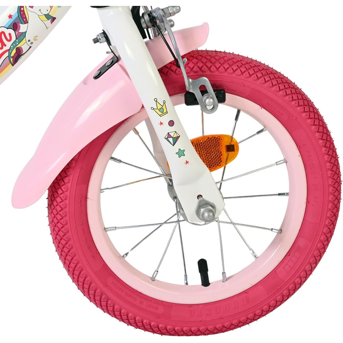 Дитячий велосипед Volare білий з сидінням-єдинорогом та рожевими ручками Ножне та ручне гальмо З додатковими колесами Комфорт та безпека Вік 35 років Легкий у збиранні Ідея для подарунка